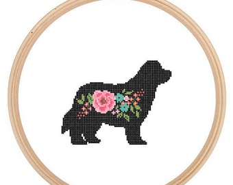 Neufundländer Silhouette Kreuzstich Muster Floral Newfie Haustier Tier Wandkunst Neufundland Hund Kreuzstich modern trendy tolles Geschenk