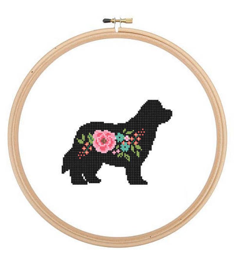 Newfoundland Silhouette Cross Stitch Pattern Floral Newfie Pet animal wall art Newfoundland Dog cross stitch modern trendy great gift image 1