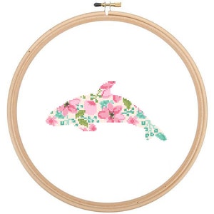 Orca Whale Silhouette Cross Stitch Pattern Floral Water color effect ocean animal wall art Orca Whale cross stitch modern Nautical