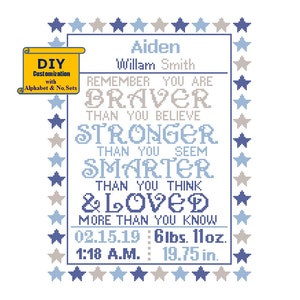 You are Braver Cross Stitch Birth Announcement Cross Stitch Birth Record Baby Nursery baby sampler Red Blue Yellow birth sampler image 5