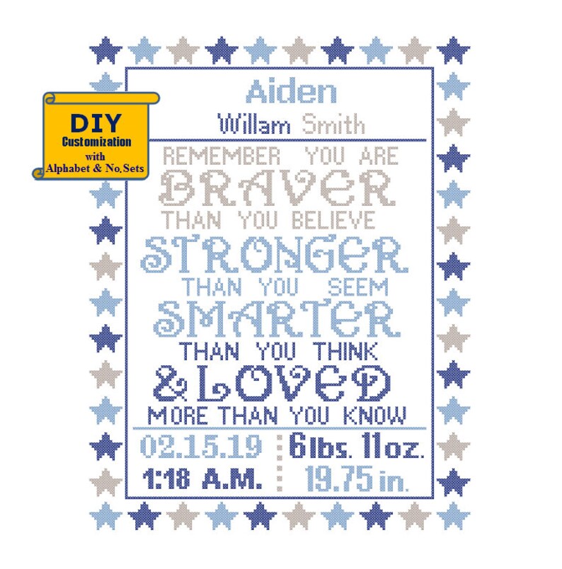 You are Braver Cross Stitch Birth Announcement Cross Stitch Birth Record Baby Nursery baby sampler Red Blue Yellow birth sampler image 5