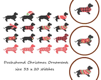 16 mini Dachshund Dog Christmas ornaments cross stitch Christmas mini Cross Stitch Pattern Dog cross stitch Ornaments cross stitch