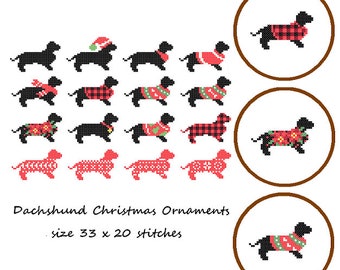 May include: A set of 12 cross-stitch patterns for dachshund Christmas ornaments. Each pattern is 33 stitches wide by 20 stitches high. The patterns feature dachshunds wearing various festive sweaters and hats.