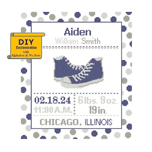 May include: A blue and white baby announcement with the name Aiden William Smith, birthdate 02.18.24, time 11:00 A.M., weight 6 lbs. 9 oz., length 19 in., and location Chicago, Illinois. The announcement features a pair of blue sneakers.