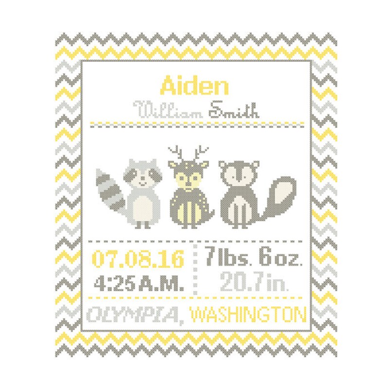 Cross Stitch custom Pattern Baby Boy Girl Personalised Birth Announcement Birth Record Forest Friends Fox Racoon Deer woodland Nursery polka