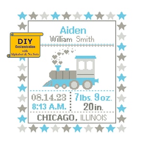 Train Engine Pattern Cross Stitch Birth Announcement Cross Stitch Railway Birth Record Transport Boy Nursery birth sampler blue gray