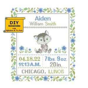 Wolf Cross Stitch Birth Announcement cross Stitch Birth Record Floral Baby Boy Girl Wolf Nursery pink gray birth sampler woodland jungle image 5