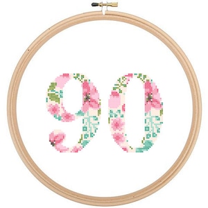 Floral 90 Cross Stitch Pattern 90th birthday cross stitch 90th Anniversary cross stitch Birthday Wedding Anniversary Ninety image 2