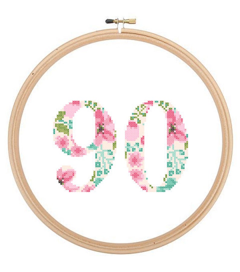 Floral 90 Cross Stitch Pattern 90th birthday cross stitch 90th Anniversary cross stitch Birthday Wedding Anniversary Ninety image 2