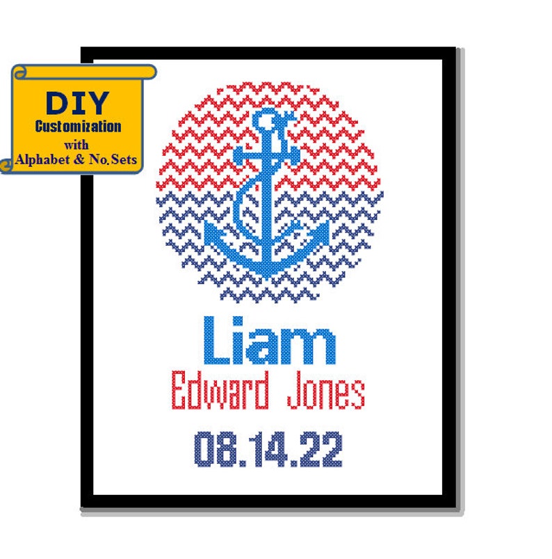 Anchor Cross Stitch Birth Announcement Cross Stitch Birth Record Nautical Baby Boy Nursery Instant Download DIY customizable Pattern image 4