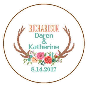 Antler Wedding cross stitch DIY customizable Pattern Modern Wedding cross stitch floral Wedding Record Deer Sampler Wedding Anniversary image 3