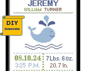 Whale Cross Stitch Birth Announcement Cross Stitch Birth Record Cross Stitch Baby Boy Whale Nautical birth sampler DIY customizable Pattern