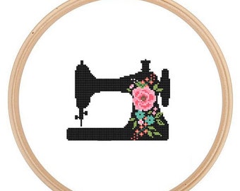 Sewing Machine Silhouette Cross Stitch Pattern Floral roses wall art Sewing Machine cross stitch modern crafty Stitching trendy great gift