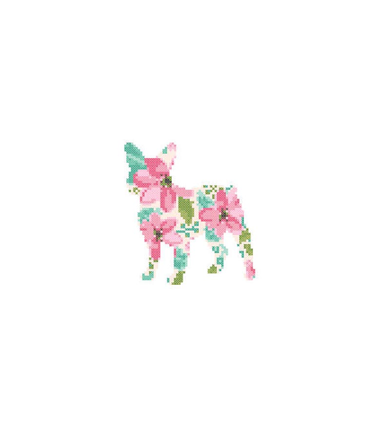 Frenchie Bulldog Silhouette Cross Stitch Pattern Floral Water color effect Pet animal wall art French Bull Dog cross stitch modern gift image 2