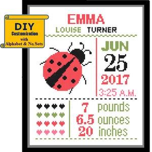 LadyBird Birth Record Cross Stitch Birth Sampler Cross Stitch Baby Girl DIY Pattern Cross Stitch Birth Announcement Lady Bug Red image 1