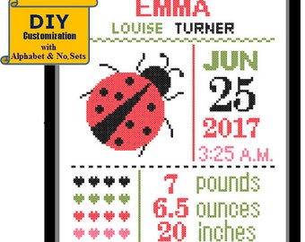 LadyBird Birth Record Cross Stitch Birth Sampler Cross Stitch Baby Girl DIY Pattern Cross Stitch Birth Announcement Lady Bug Red