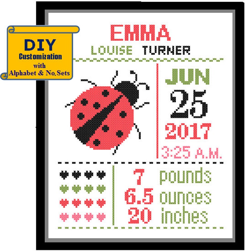 LadyBird Birth Record Cross Stitch Birth Sampler Cross Stitch Baby Girl DIY Pattern Cross Stitch Birth Announcement Lady Bug Red image 1