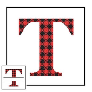 May include: Red and black buffalo plaid letter T. The letter is in a white square frame. There is a smaller image of the letter T in the lower left corner.
