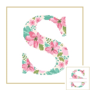 May include: A floral monogram letter S with pink and green flowers on a white background. The letter is surrounded by a gold frame.