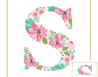 Floral Monogram S Cross Stitch Pattern S Initial S Letter cross stitch Baby birth nursery split letter cross Wedding Anniversary Wedding