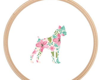 Boxer Dog Silhouette Cross Stitch Pattern Floral Water color effect Pet animal wall art Dog cross stitch modern trendy great gift