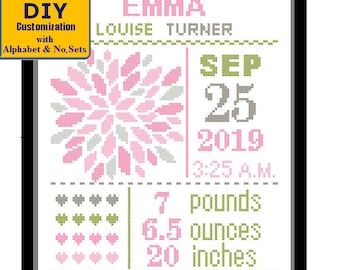 Big Flower Birth Announcement Floral Birth Record Cross Stitch Birth Sampler Cross Stitch Baby Girl sampler Pink DIY Pattern Cross Stitch