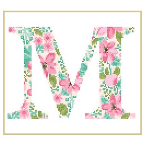 Floral Monogram M Cross Stitch Pattern M Initial M Letter cross stitch Baby birth nursery split letter cross Wedding Anniversary Wedding image 4