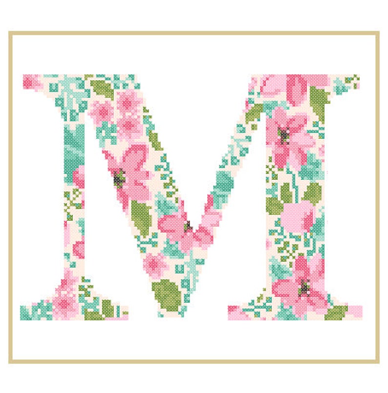 Floral Monogram M Cross Stitch Pattern M Initial M Letter cross stitch Baby birth nursery split letter cross Wedding Anniversary Wedding image 4