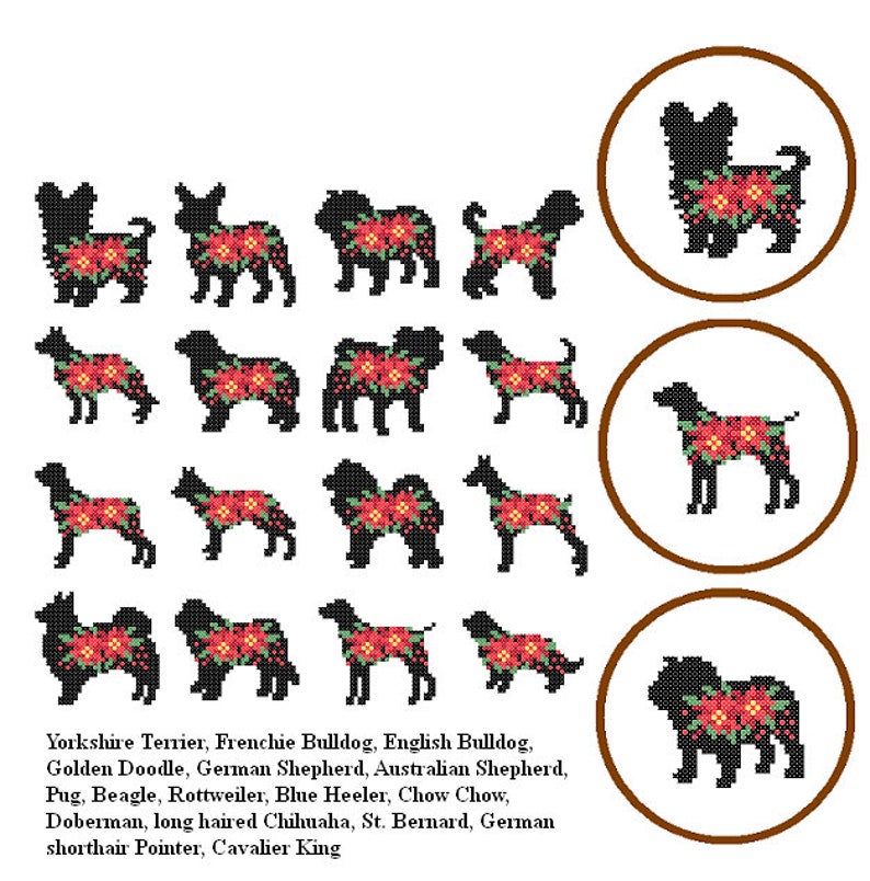 48 mini Dog Poinsettia Christmas ornaments cross stitch Christmas mini Cross Stitch Pattern Dog cross stitch Ornaments cross stitch set of 3 image 2