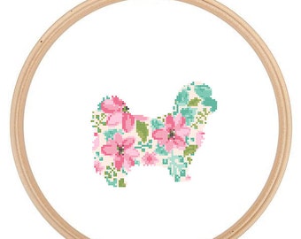 Shih Tzu silhouet Cross Stitch patroon bloemen aquarel effect huisdier dierlijke kunst aan de muur Shih Tzu kruissteek moderne gift