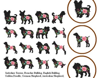 16 mini Dog Christmas ornaments cross stitch Christmas mini Cross Stitch Pattern Floral Dog cross stitch Ornaments cross stitch set 1 of 3