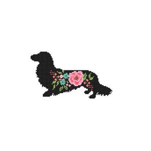 Long Haired Dachshund Dog Silhouette Cross Stitch Pattern floral roses Pet animal wall art Dog cross stitch modern trendy great gift image 2