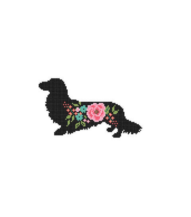 Long Haired Dachshund Dog Silhouette Cross Stitch Pattern floral roses Pet animal wall art Dog cross stitch modern trendy great gift image 2