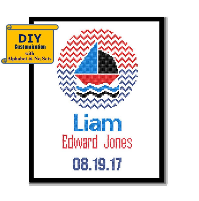 Sailboat Cross Stitch Birth Announcement Instant Download DIY customizable Pattern Cross Stitch Birth Record Nautical Baby Boy Nursery image 5