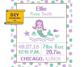 Mermaid Cross Stitch Birth Announcement Cross Stitch Birth Sampler Polka Dot Baby Girl Baby Ocean Sampler Aqua Sea Nursery Nautical Pattern