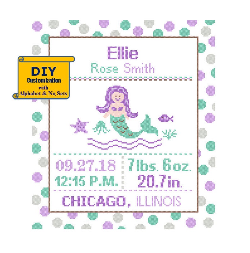 Mermaid Cross Stitch Birth Announcement Cross Stitch Birth Sampler Polka Dot Baby Girl Baby Ocean Sampler Aqua Sea Nursery Nautical Pattern image 1