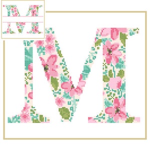 Floral Monogram M Cross Stitch Pattern M Initial M Letter cross stitch Baby birth nursery split letter cross Wedding Anniversary Wedding image 1