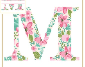 Floral Monogram M Cross Stitch Pattern M Initial M Letter cross stitch Baby birth nursery split letter cross Wedding Anniversary Wedding