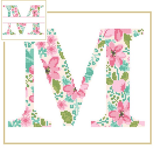 Floral Monogram M Cross Stitch Pattern M Initial M Letter Etsy