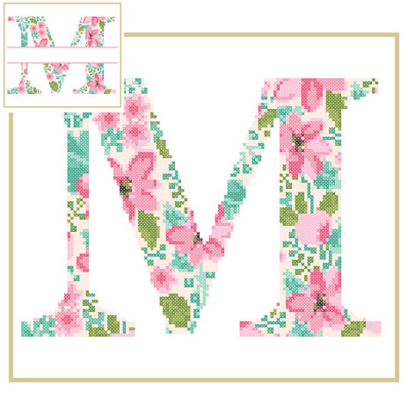 Floral Monogram M Cross Stitch Pattern M Initial M Letter cross stitch Baby birth nursery split letter cross Wedding Anniversary Wedding image 1