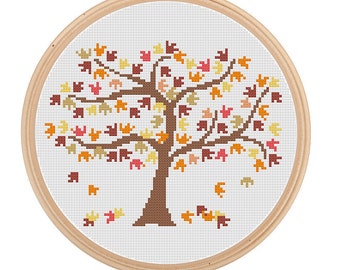 Direct downloaden Herfstboom Cross Stitch Patroon herfstseizoen kruissteek oranje roestbruin en geel