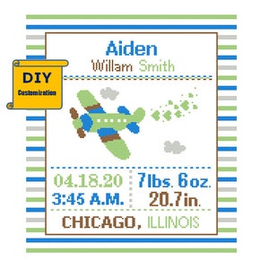 Airplane Cross Stitch Birth Announcement Cross Stitch Birth Record Cross Stitch Baby Boy Airplane Nursery aeroplane birth sampler green blue