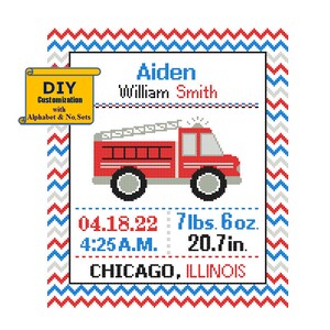 May include: A red fire engine with a ladder and a light on top. The engine is on a white background with a chevron pattern border in red, blue, and grey. The text "DIY Customization with Alphabet & No. Sets" is in a yellow banner at the top left. The text "Aiden William Smith" is at the top centre. The text "04.18.22 7lbs. 6oz. 4:25 A.M. 20.7 in. CHICAGO, ILLINOIS" is at the bottom centre.