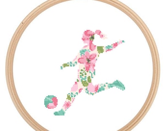 Woman Soccer Silhouette Cross Stitch Pattern Floral Water color effect wall art Soccer girl cross stitch woman football cross stitch