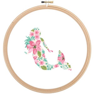 Meerjungfrau Silhouette Kreuzstich Muster Blumen Wasser Farbe Effekt Ozean Wand Kunst Meerjungfrau Kreuzstich moderne Rosa Meerjungfrau Nautical