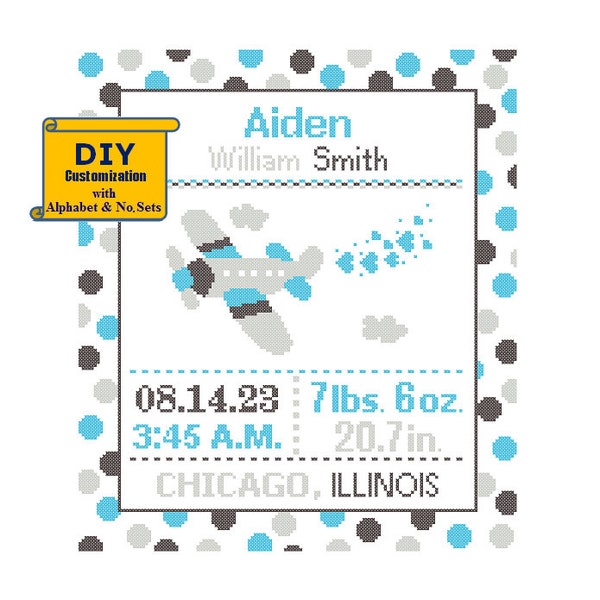 Airplane Birth Announcement Airplane Birth Record Boy Birth Sampler Aeroplane cross stitch Birth Record Charcoal Aqua Gray Transport polka