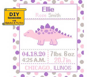 Pink Stegosaurus Cross Stitch Birth Announcement Stegosaurus Cross Stitch Birth Sampler Polka Dot Baby Baby Dinosaur Nursery sampler purple