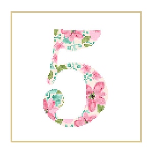 Floral 5 Cross Stitch Pattern 5 number 5 cross stitch Baby birth nursery numbers cross stitch Birthday Wedding Anniversary image 1