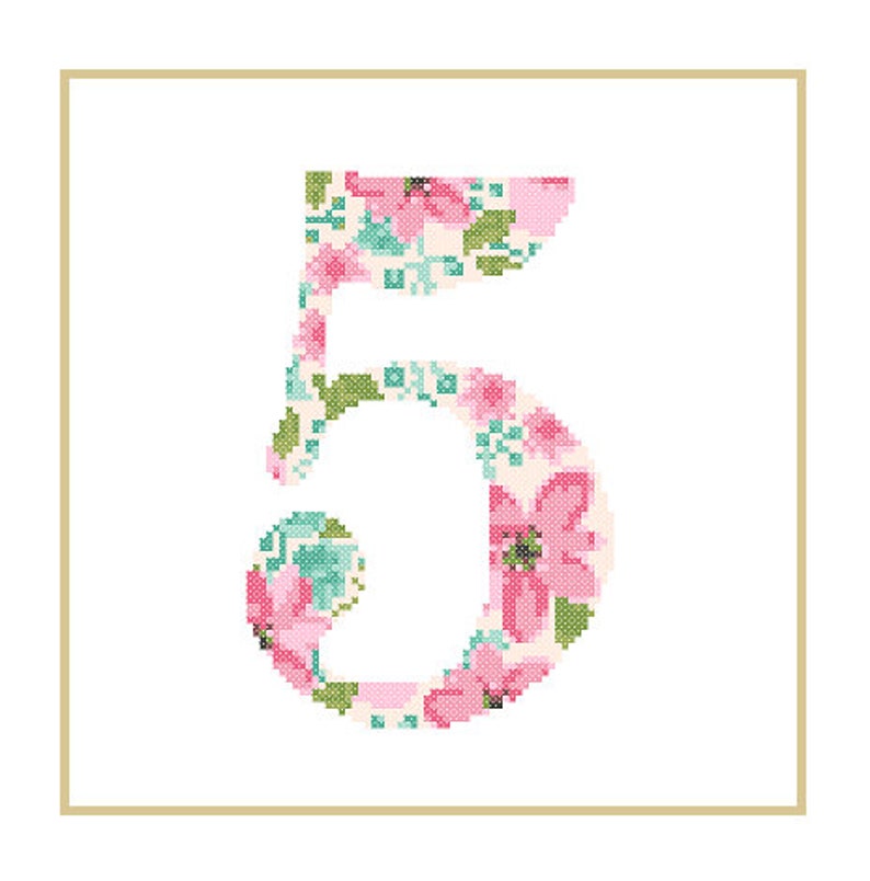 Floral 5 Cross Stitch Pattern 5 number 5 cross stitch Baby birth nursery numbers cross stitch Birthday Wedding Anniversary image 1