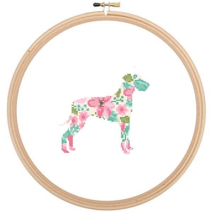 Natural ears Great Dane Silhouette Cross Stitch Pattern Floral Water color effect Pet animal wall art Great Dane cross stitch modern trendy